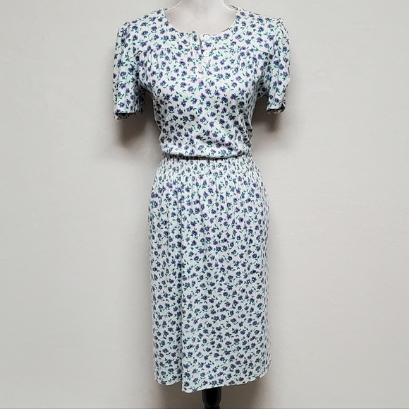 VINTAGE 80s Jordan Michaels Calico Ditsy Floral Short Sleeve Stretchy Midi Dress - Picture 4 of 15
